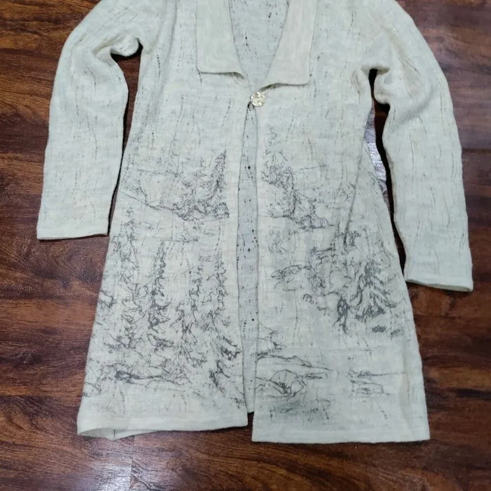 Coldwater Creek Wool Long Cardigan Beige & Gray Alpine Scenic Artsey - Picture 8 of 15